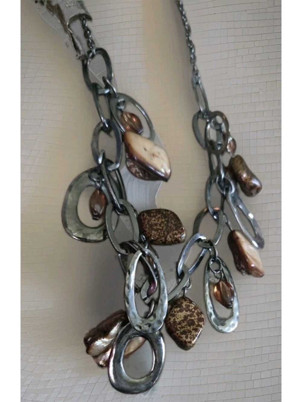 VTG Shell Nugget Layered Necklace Multi Strand Link Chain Boho Statement